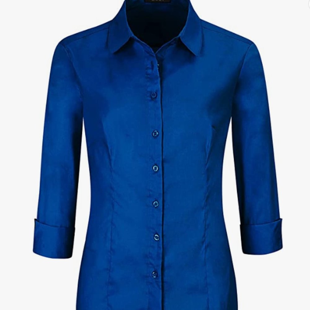 NWT EZEN Slim-Fit Long Sleeve Stretchy Button Shirt Blouse Office Casual Blue L